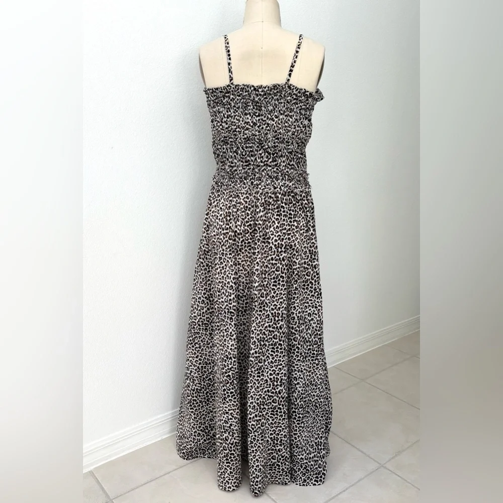 J Crew Smocked Maxi Dress NWT Cotton Voile Black Brown Leopard Print XL